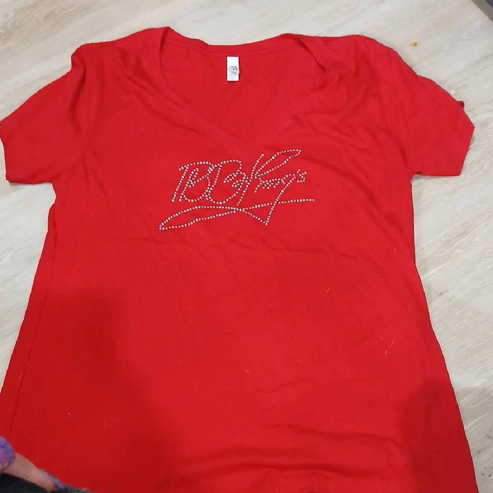 Red V-Neck T-Shirt with Rhinestone Design